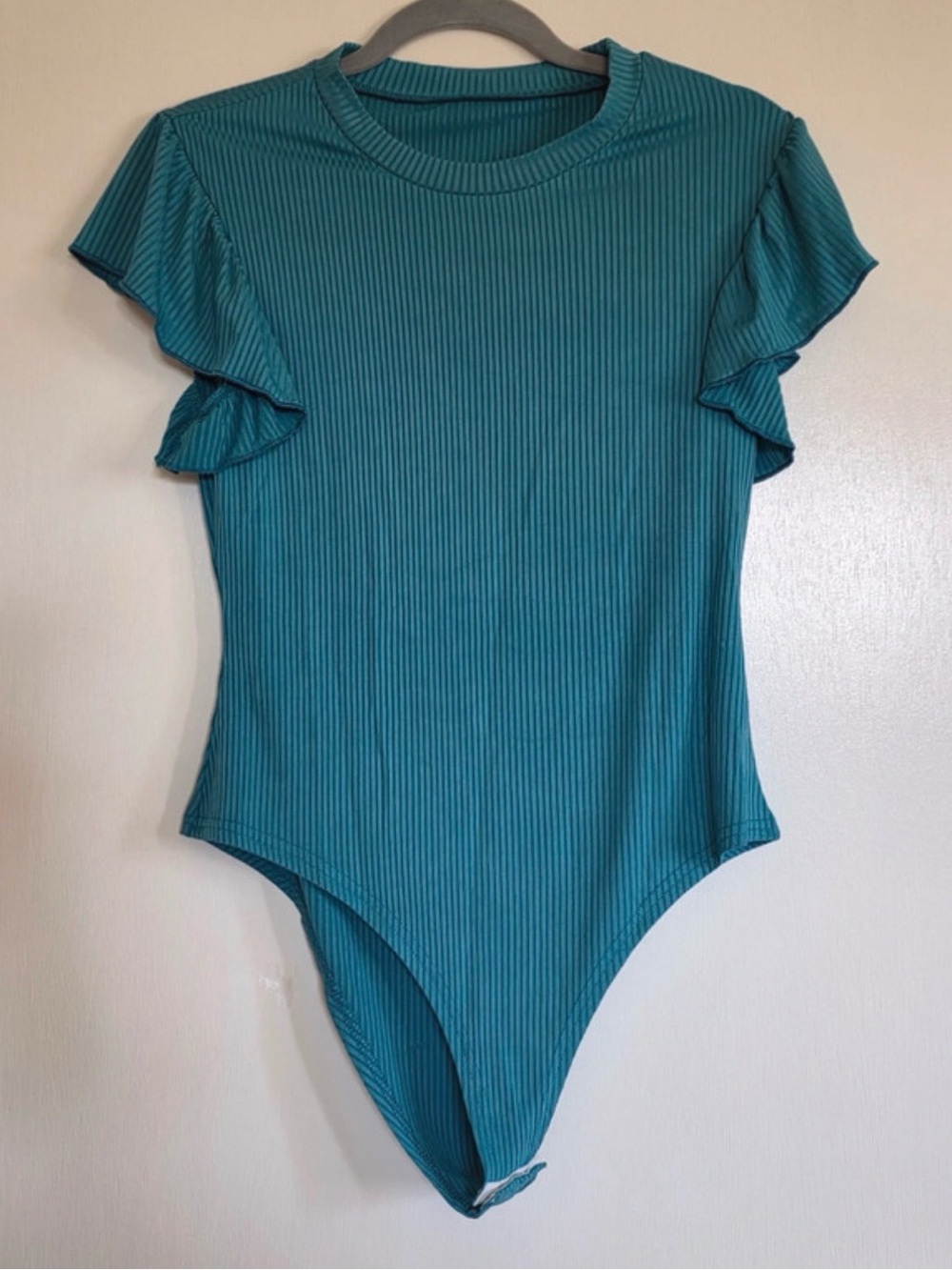 Women’s Teal Ribbed Flutter Sleeve Ribbed Bodysuit Sz L